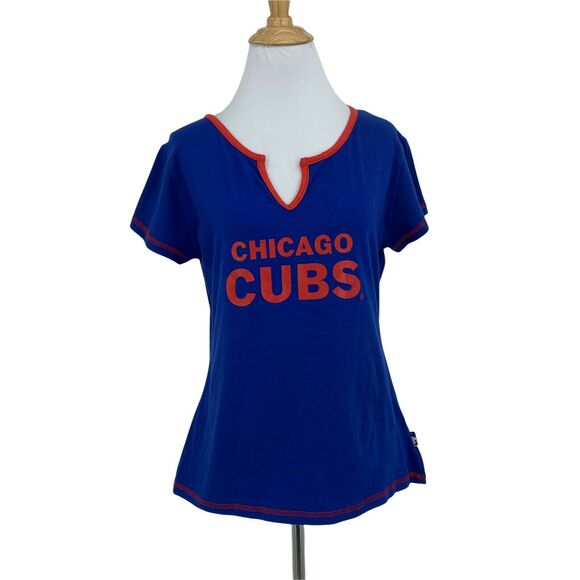 Vintage Chicago Cubs Shirt Women XS Youth Size XL Red Trim Notch Neck Blue Tee - Picture 1 of 10